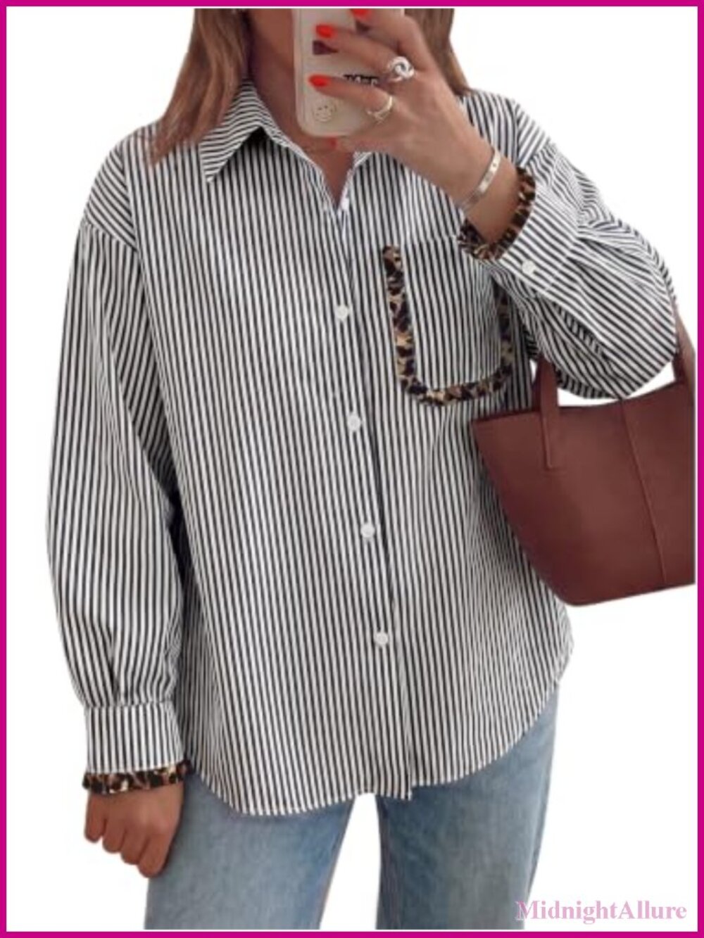 Oversized Striped Button Down Blouse Long Sleeve Casual